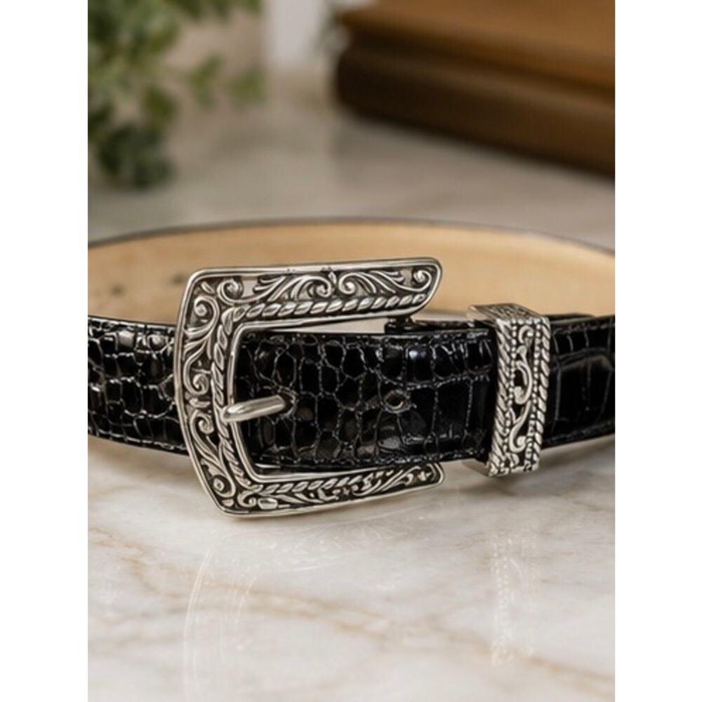 Brighton Black Croc Embossed Leather Belt Silver Western Buckle Size M/L 32